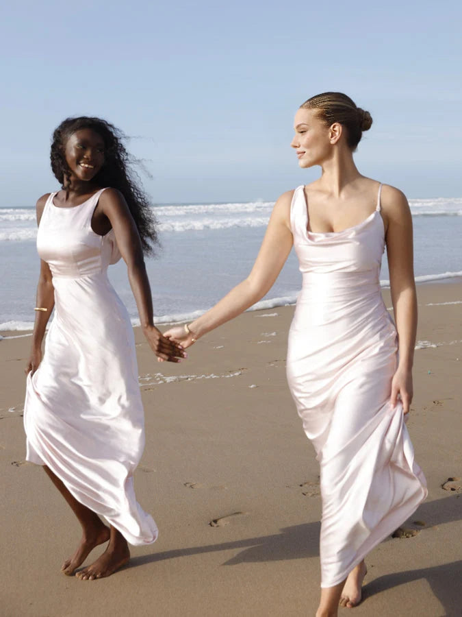 Champagne maxi bridesmaid dress, alternate view showing the full-length silhouette