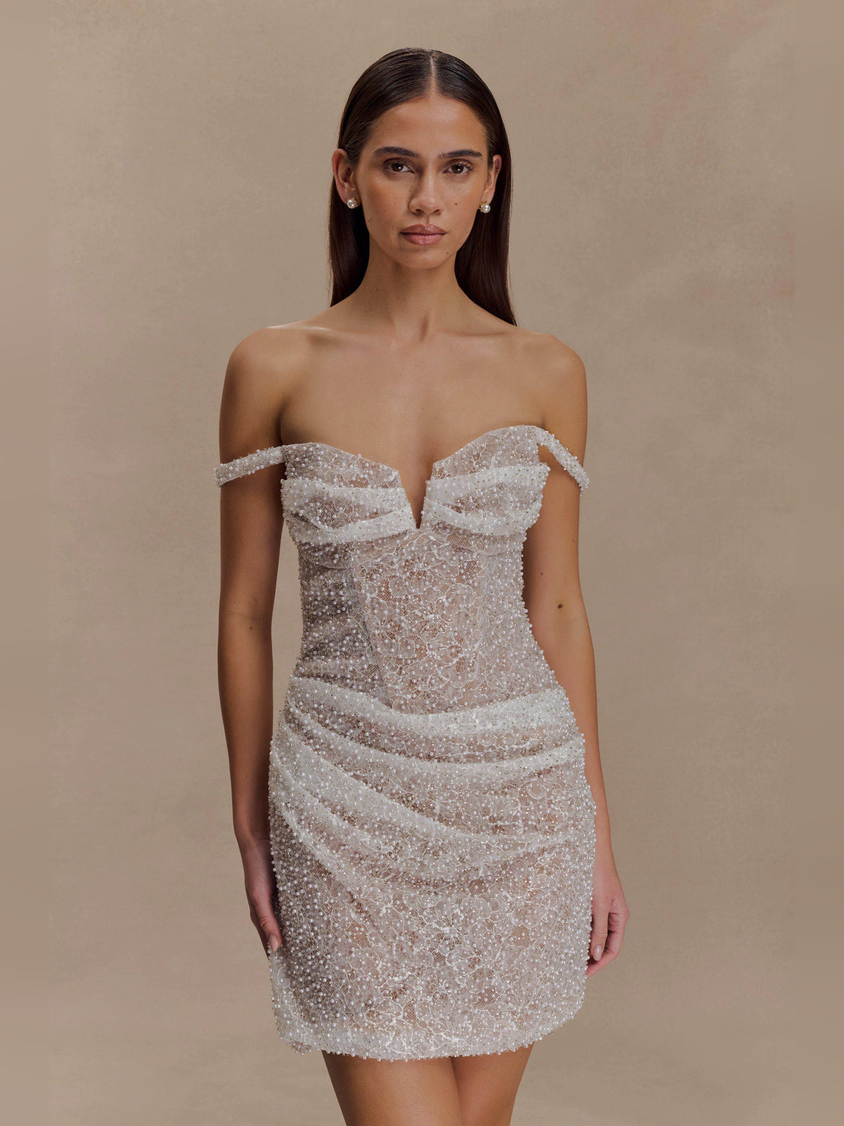 Nude mini homecoming dress, alternate view showing the full-length silhouette