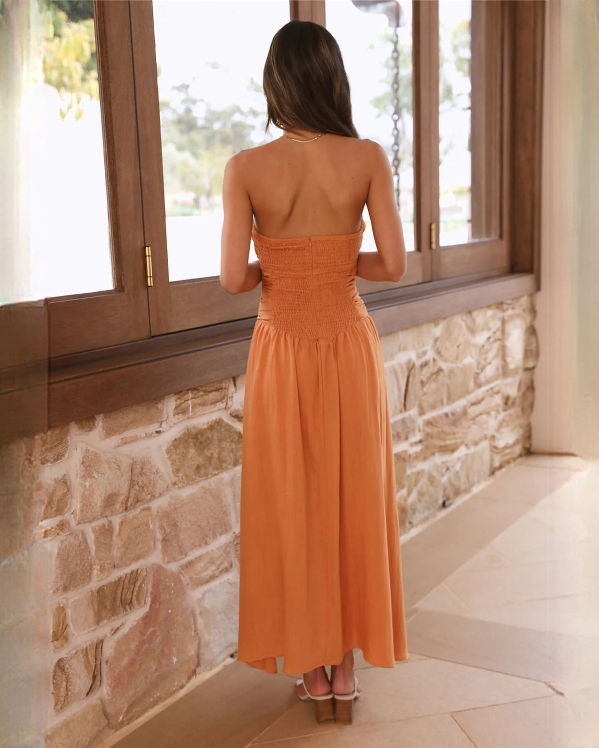 sleeveless structured satin a-line maxi bridesmaid dress - image 7