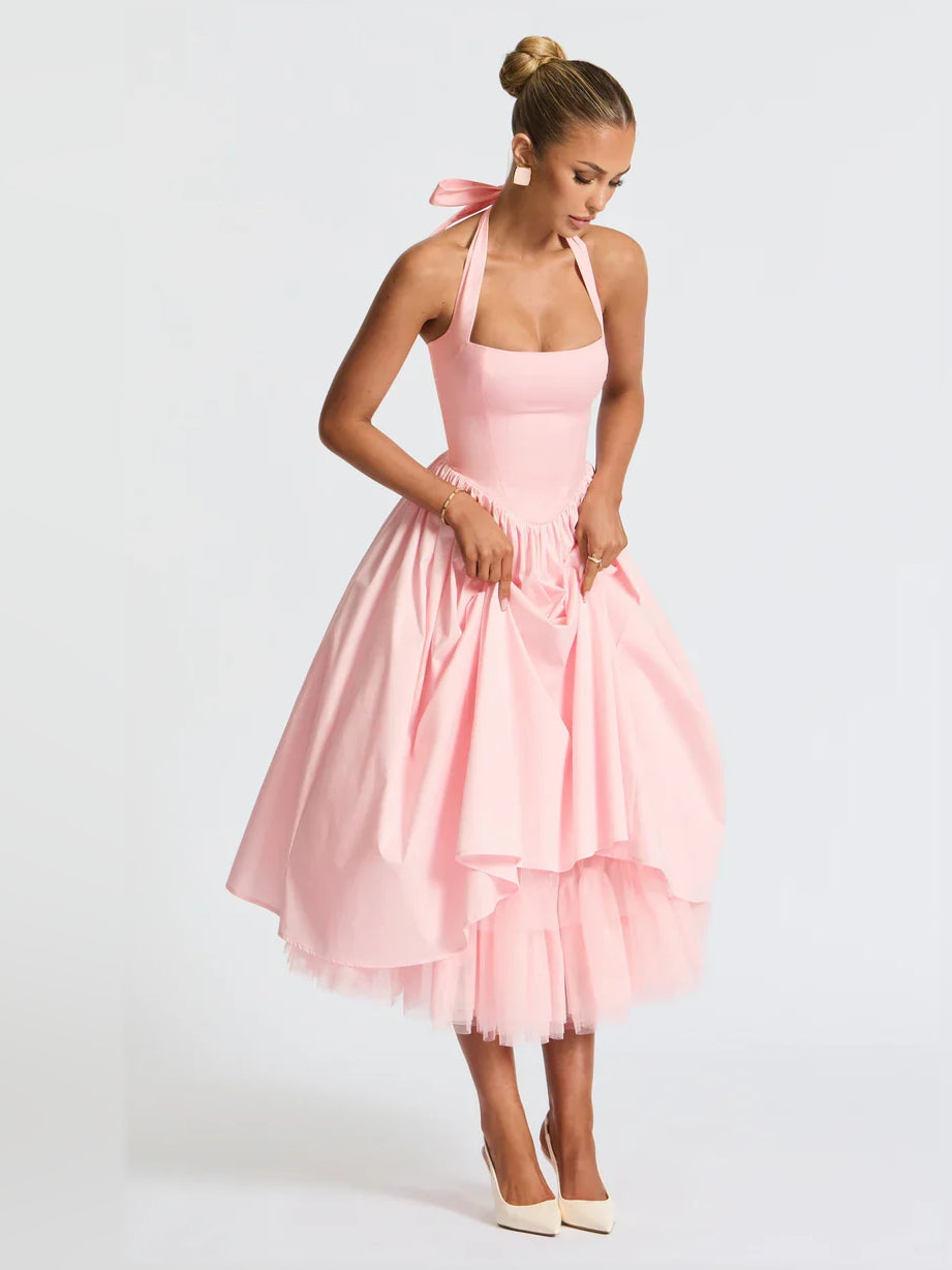 Blush Pink a-line midi formal dress with halter neckline, alternate view
