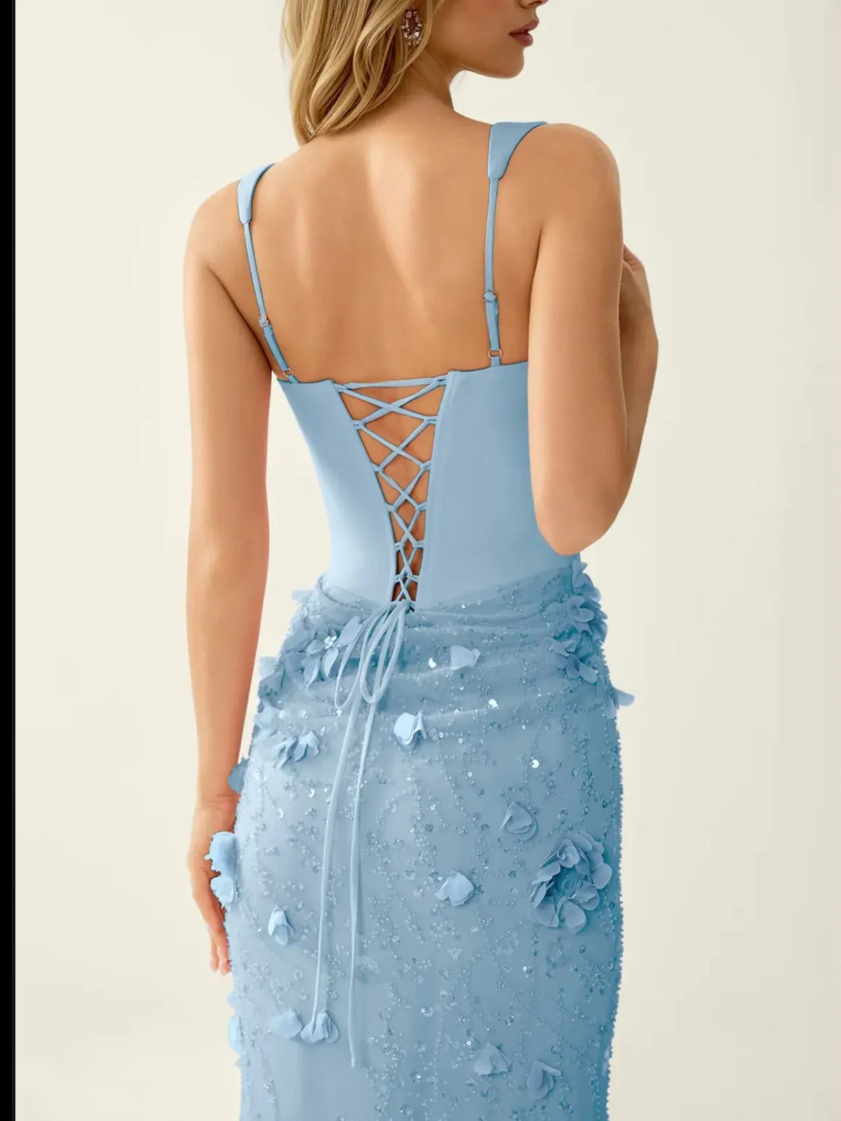 Light Blue maxi prom dress, back view showing the rear of the dress from another angle