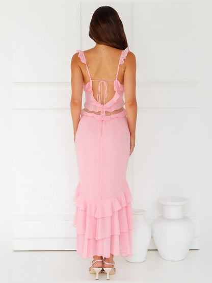 Pink midi formal dress, alternate view showing the shoulder line