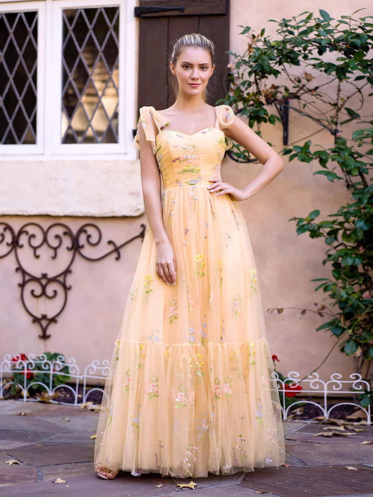 Champagne maxi prom dress, alternate view showing the full-length silhouette
