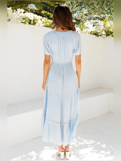 Blue midi formal dress, alternate view showing the shoulder line