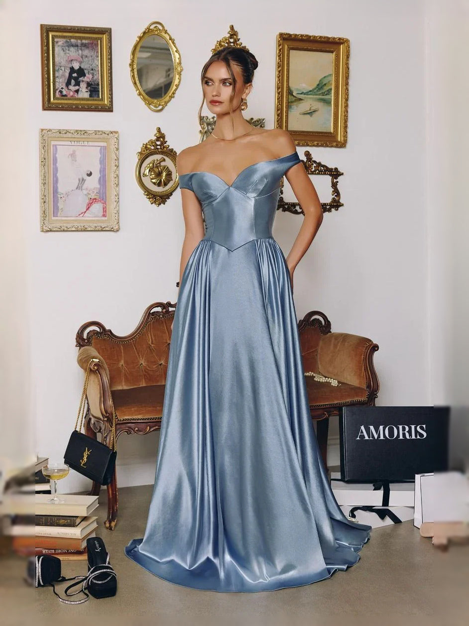 Powder Blue maxi prom dress, alternate view showing the full-length silhouette