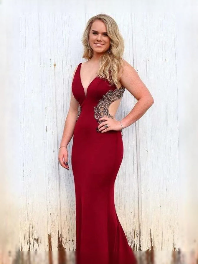 Wine maxi prom dress, back view showing the rear of the dress