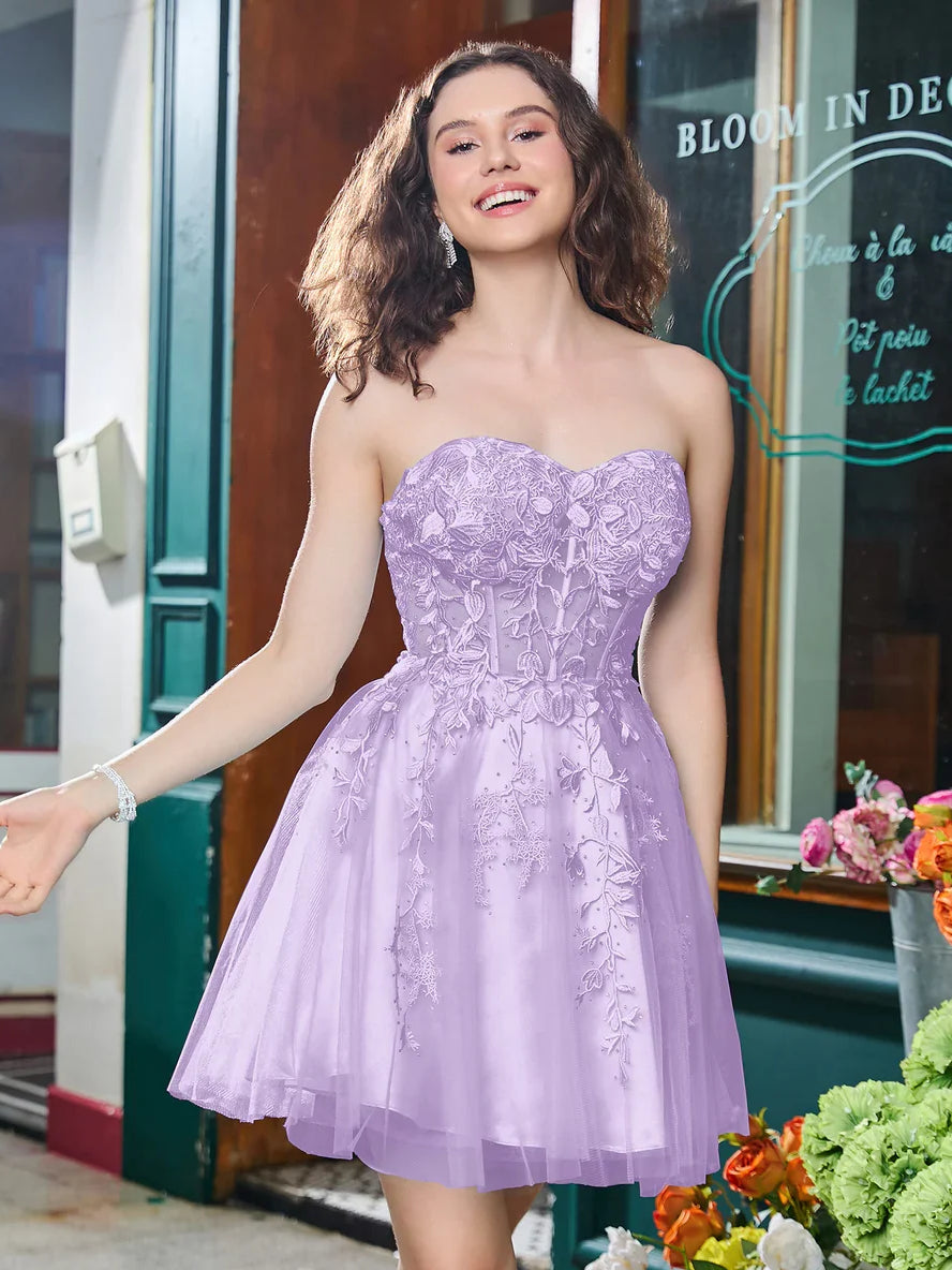 Lilac mini homecoming dress, alternate view showing the full-length silhouette