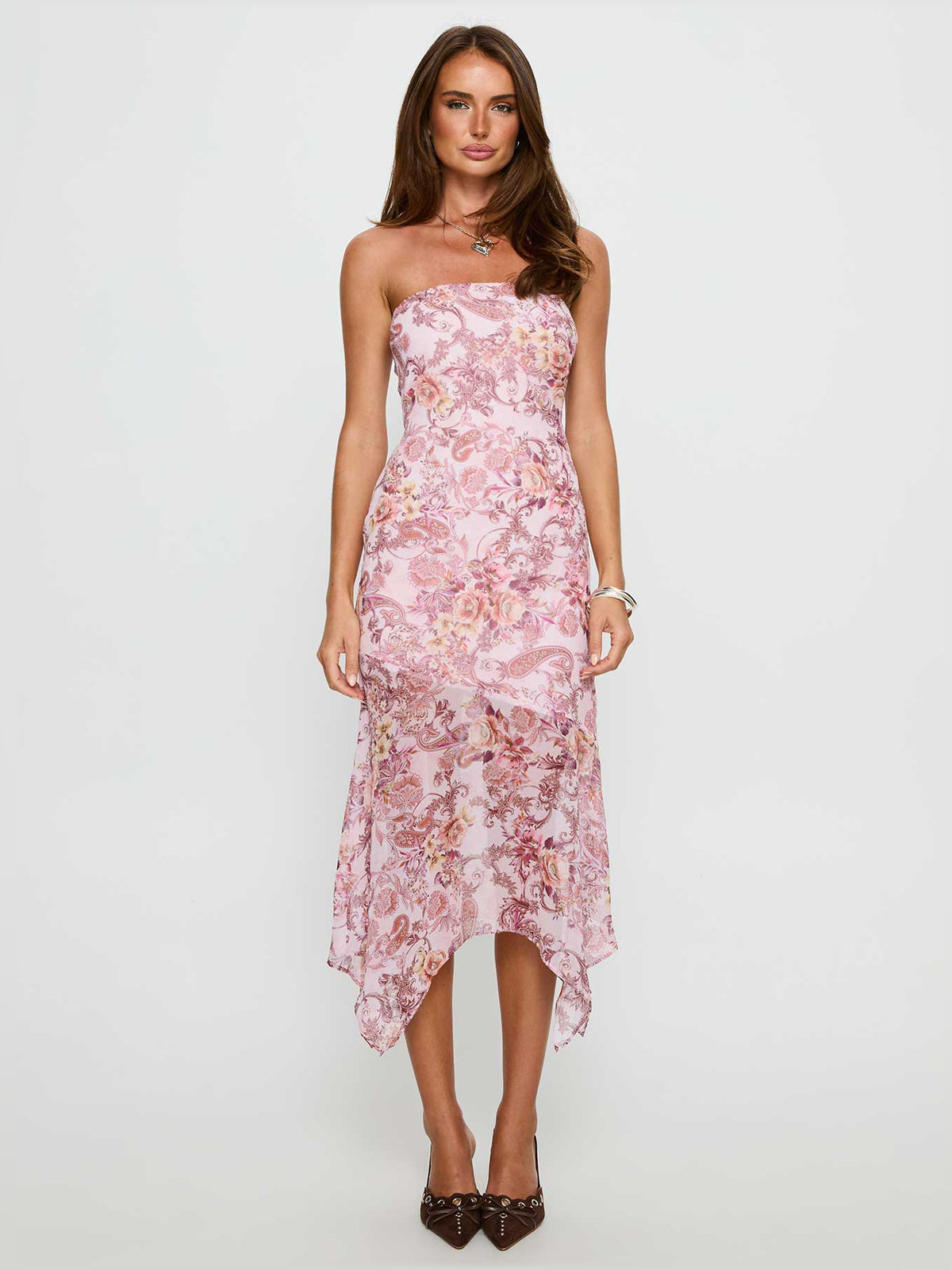 Paisley midi formal dress with strapless neckline, alternate view showing the shoulder line