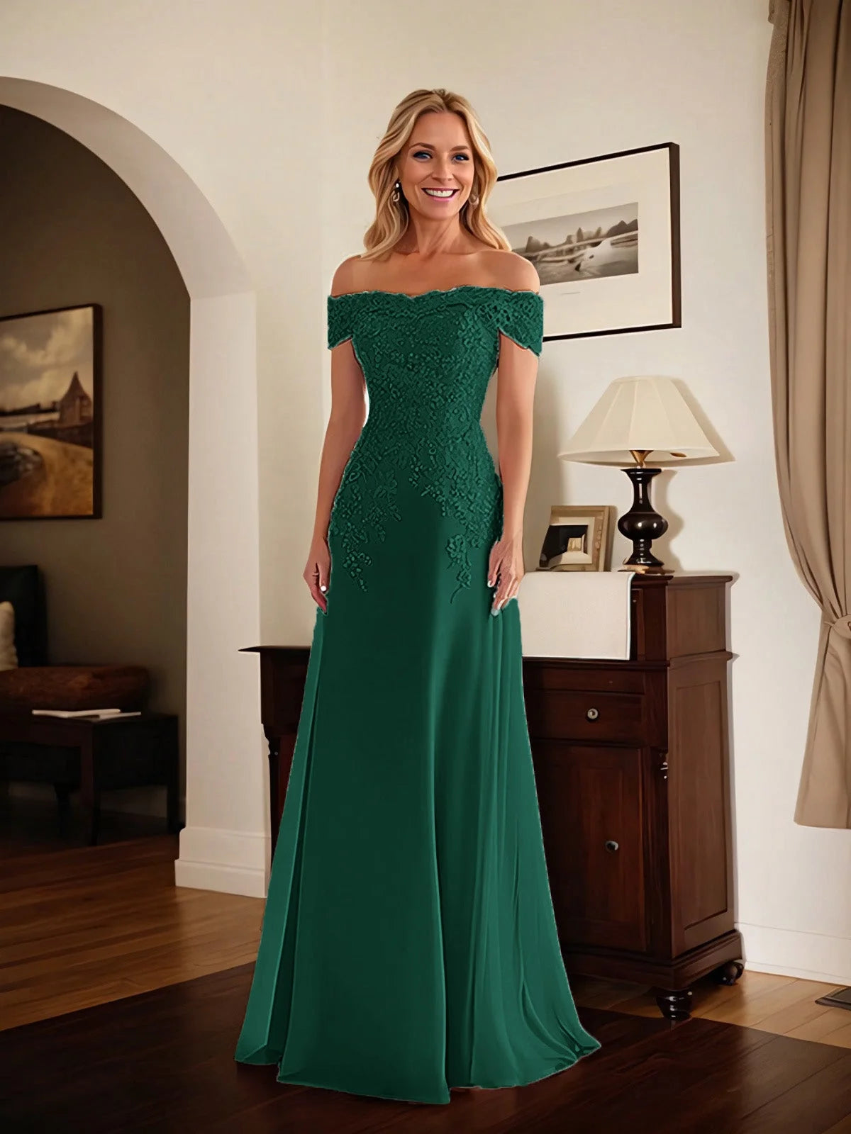 Emerald Green floor-length mother of the bride dress, alternate view showing the full-length silhouette