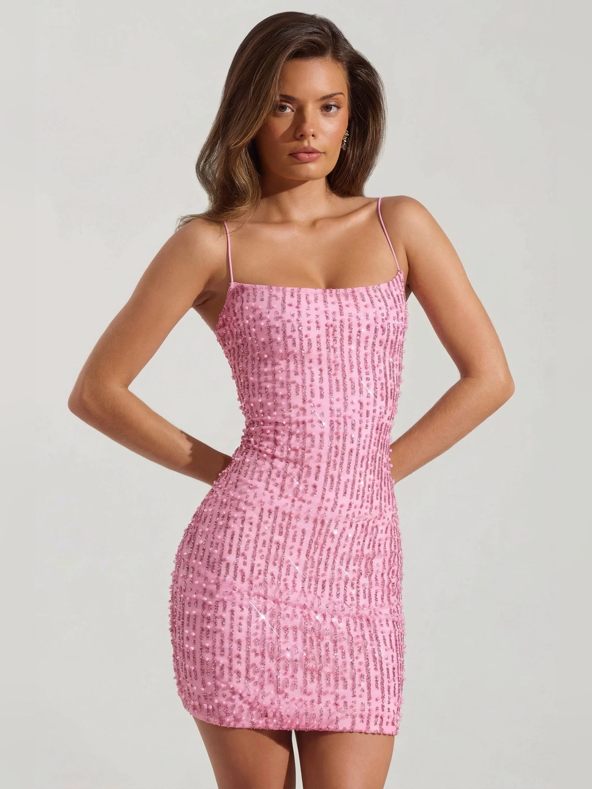 Pink mini homecoming dress, alternate view showing the full-length silhouette