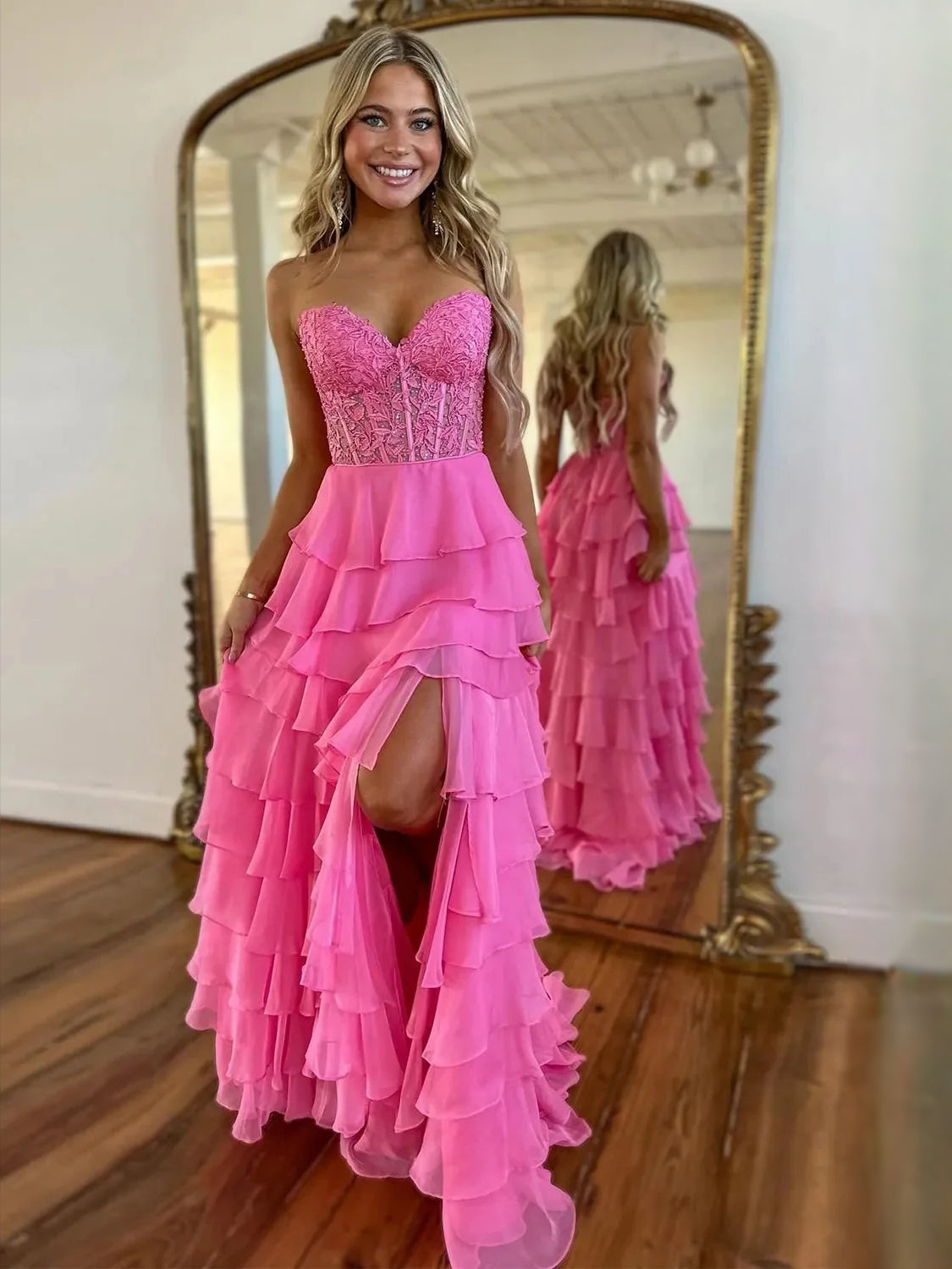 Hot Pink maxi prom dress, alternate view showing the full-length silhouette