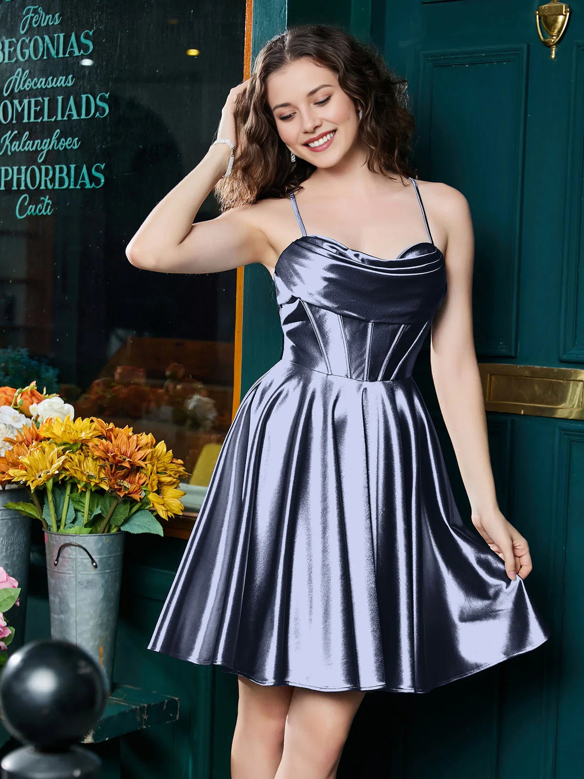Dark Navy mini homecoming dress, alternate view showing the full-length silhouette