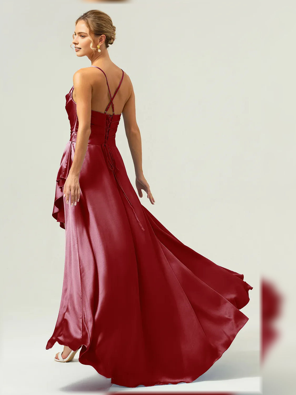 Blue a-line floor-length formal dress with ruffle details, alternate view showing the shoulder line
