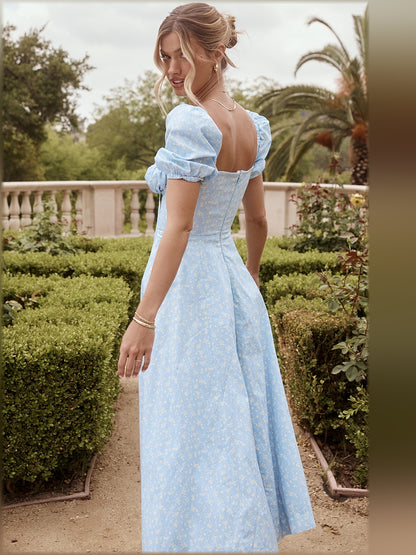 Blue Ivory Floral midi formal dress with floral print, alternate view showing the shoulder line