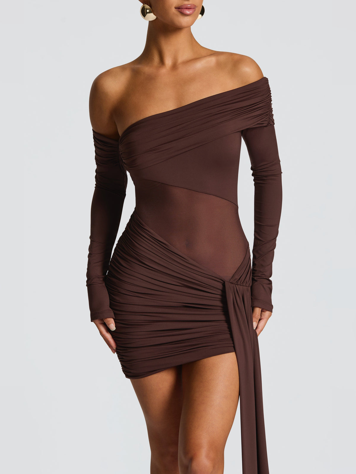 Brown mini homecoming dress, alternate view showing the full-length silhouette