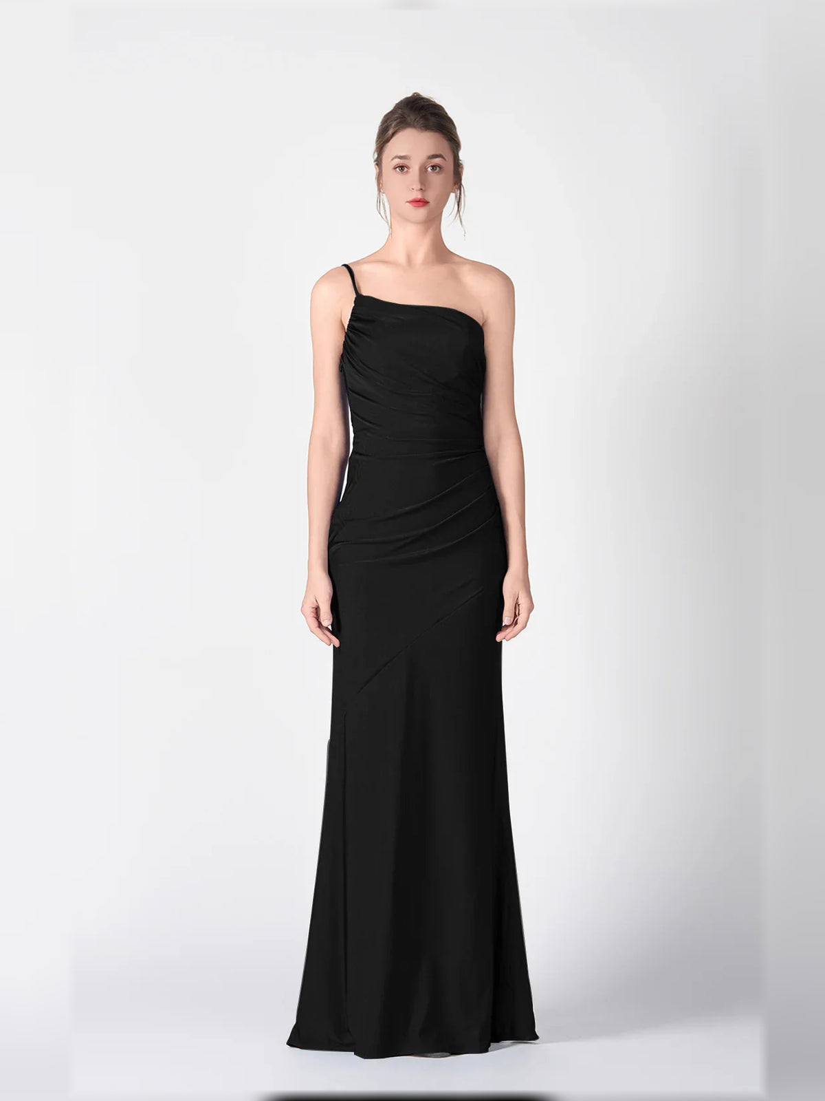 Black mermaid floor-length formal dress with ruching, alternate view
