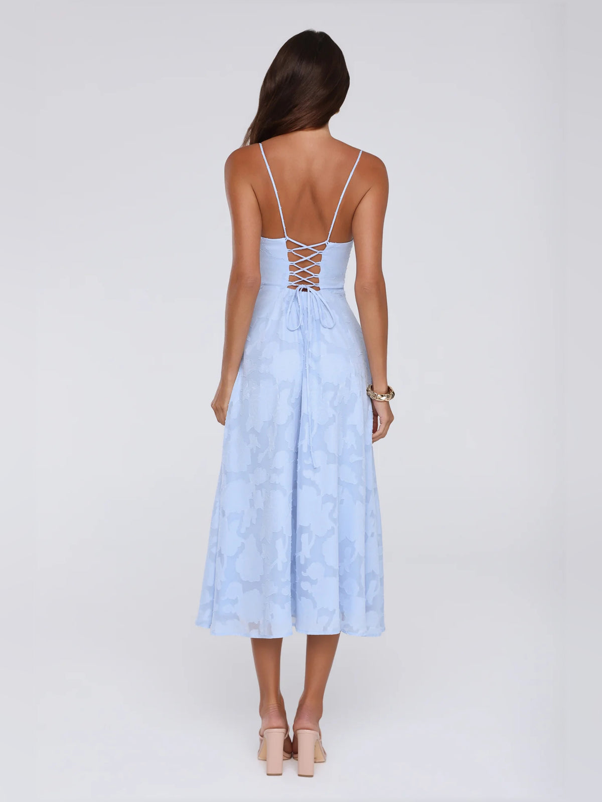 Blue midi formal dress, alternate view showing the shoulder line