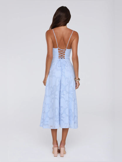 Blue midi formal dress, alternate view showing the shoulder line
