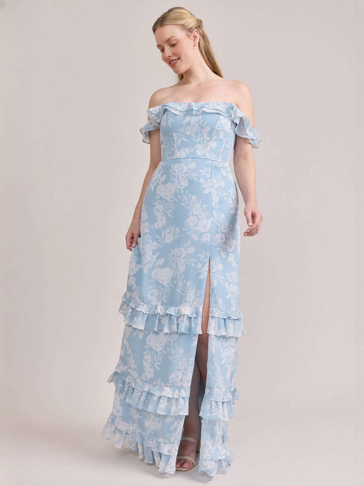 Blue Flowers maxi prom dress, alternate view showing the full-length silhouette