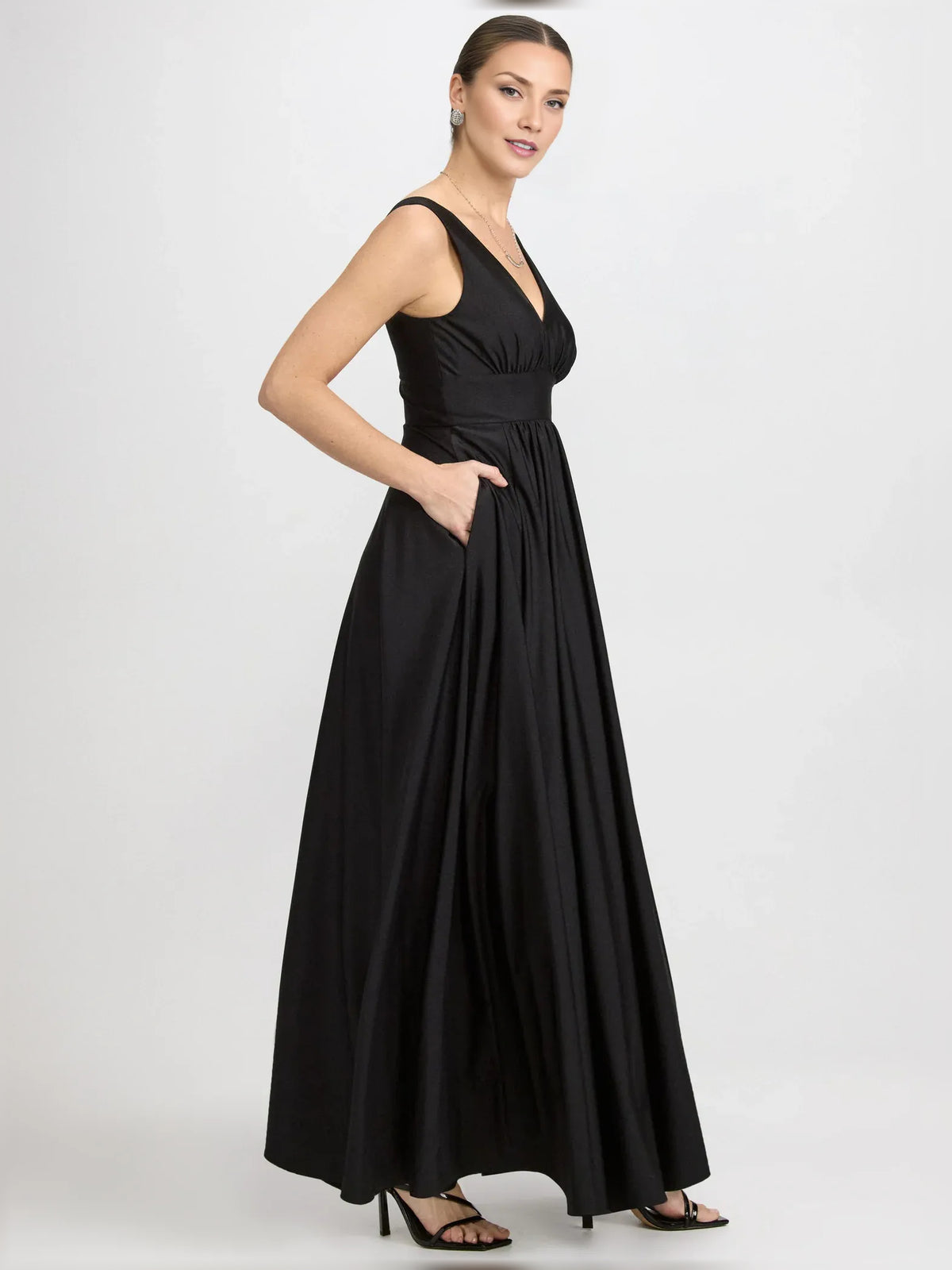 Red a-line floor-length formal dress with ruching, alternate view showing the shoulder line