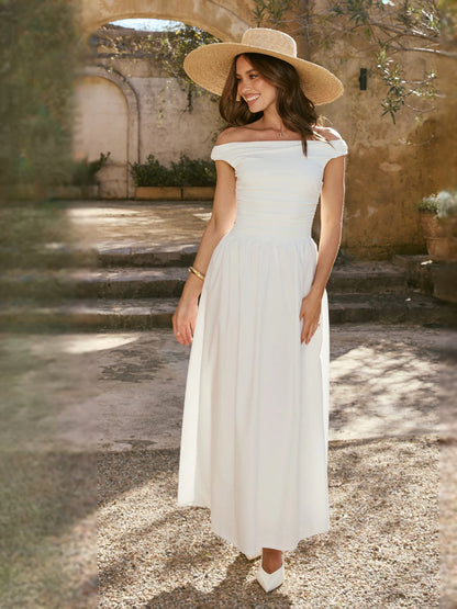 White midi formal dress, alternate view showing the shoulder line
