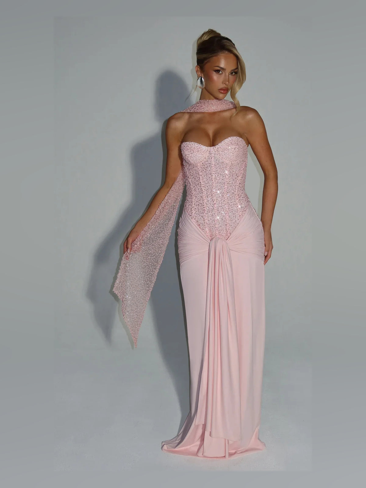 Light Pink maxi prom dress, alternate view showing the full-length silhouette