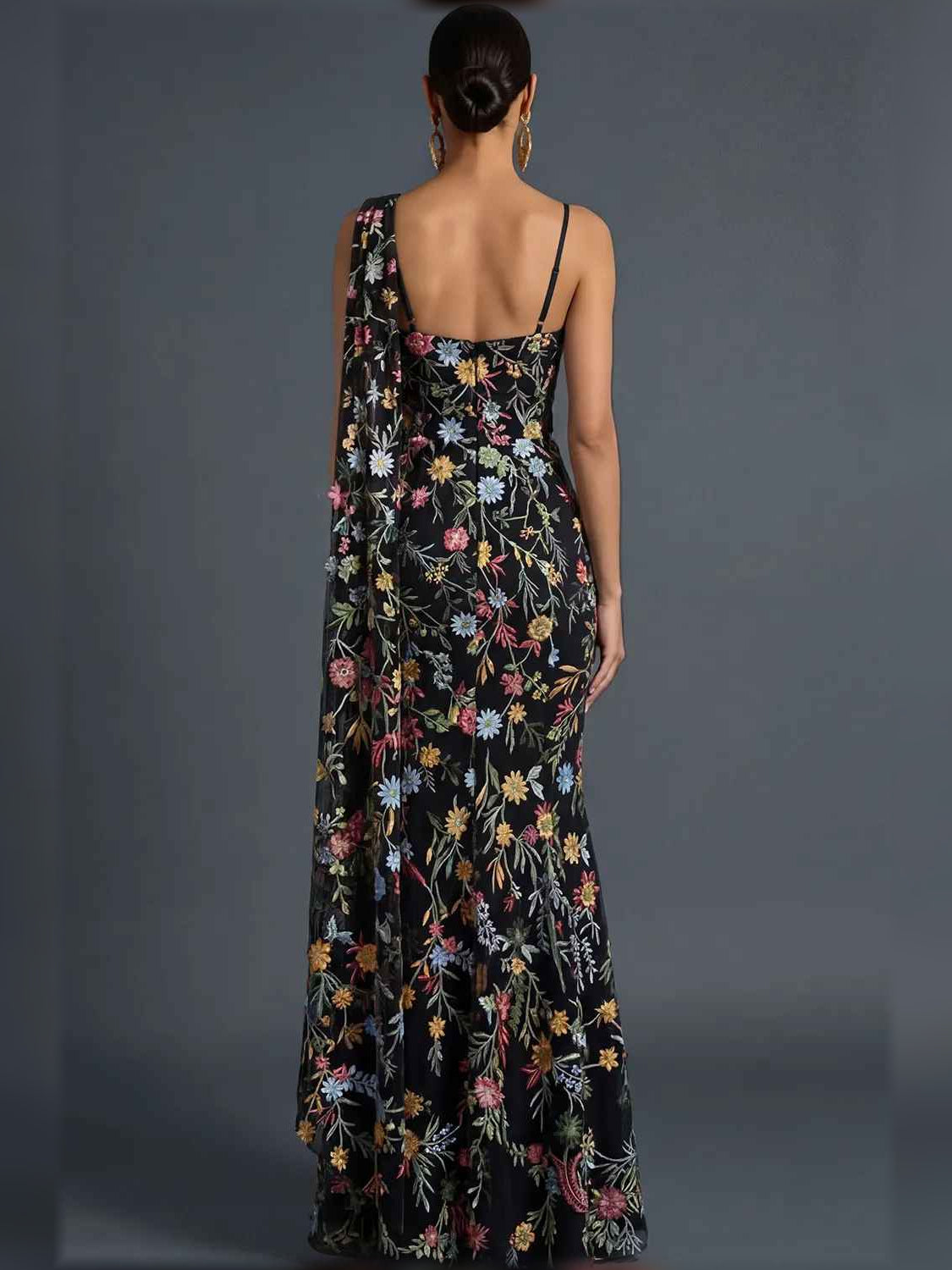Mauve mermaid floor-length formal dress with floral print, alternate view showing the shoulder line