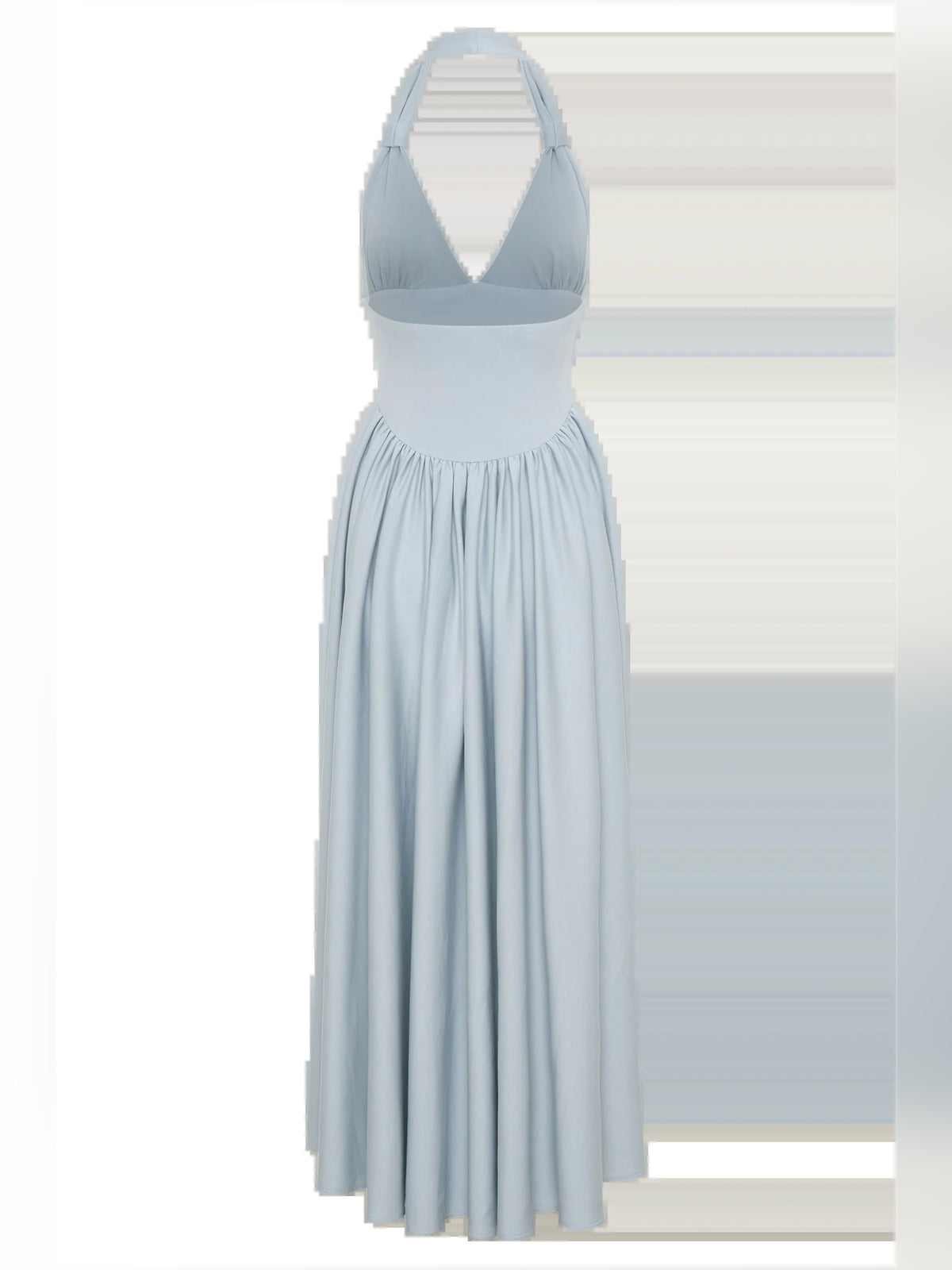 Blue midi formal dress with halter neckline, alternate view showing the shoulder line