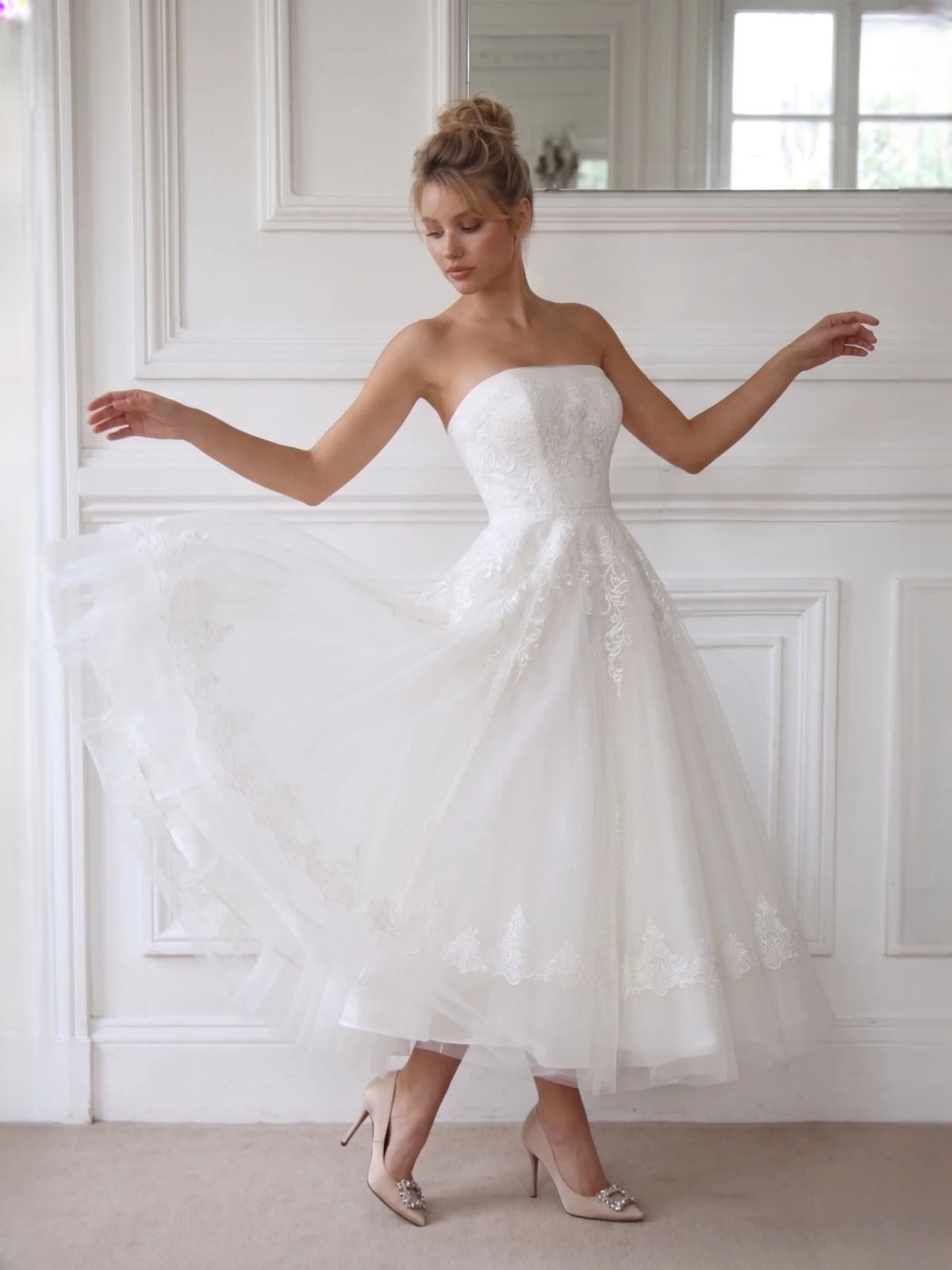 Ivory short wedding dress, alternate view showing the full-length silhouette