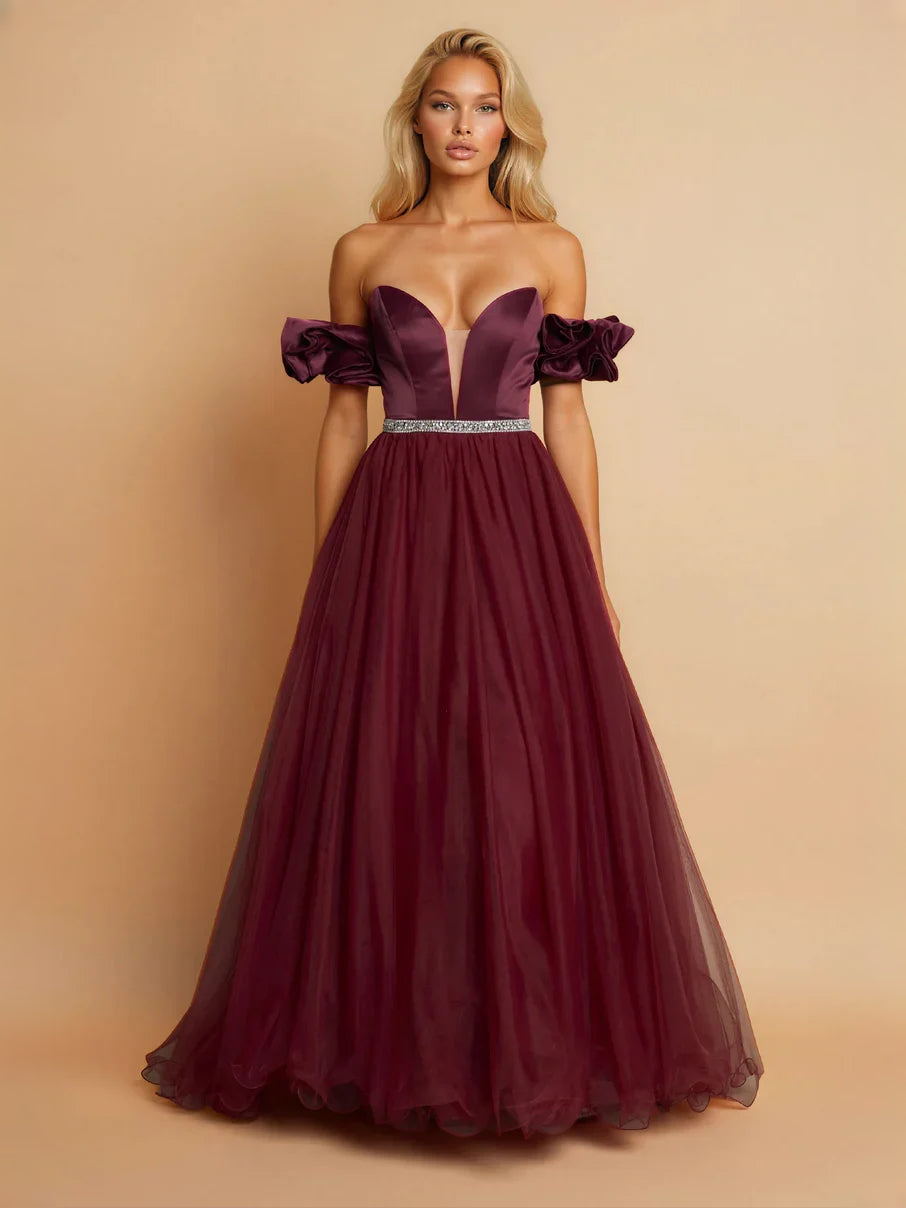 Wine floor-length prom dress, alternate view showing the full-length silhouette