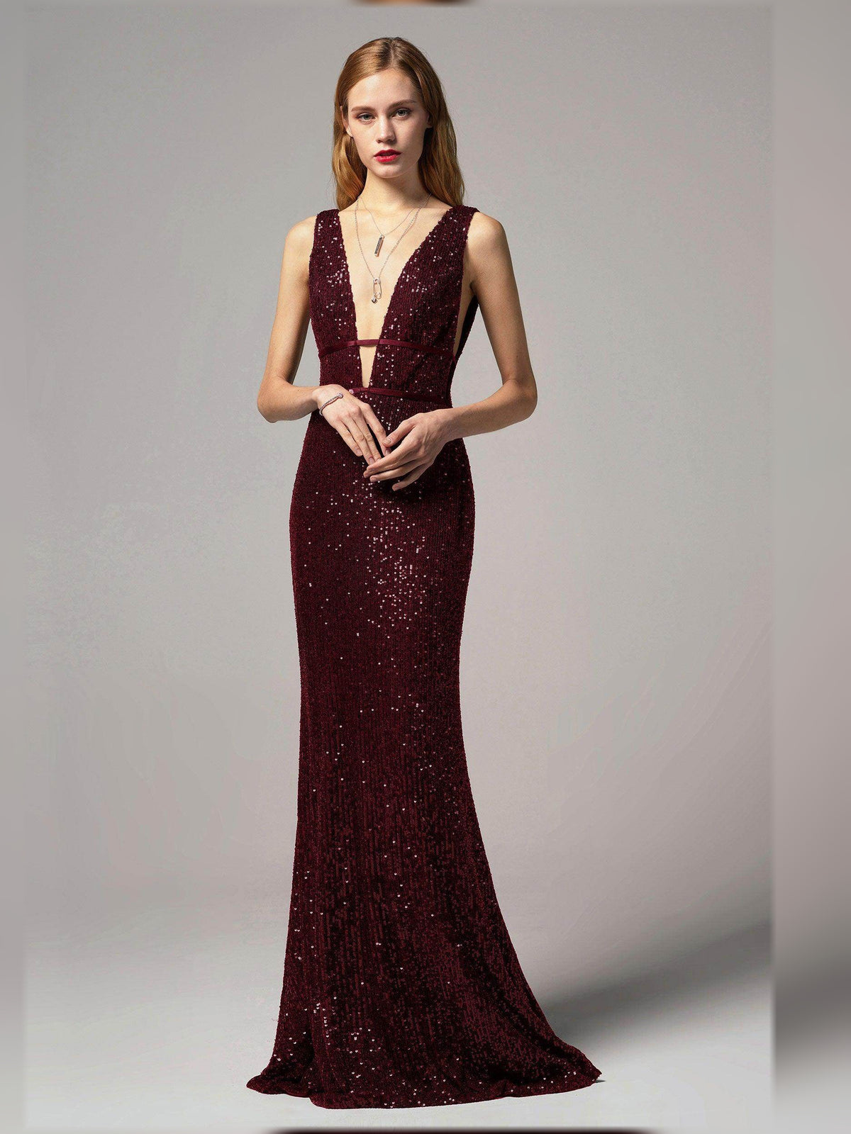 Burgundy sheath floor-length formal dress with beading, alternate view