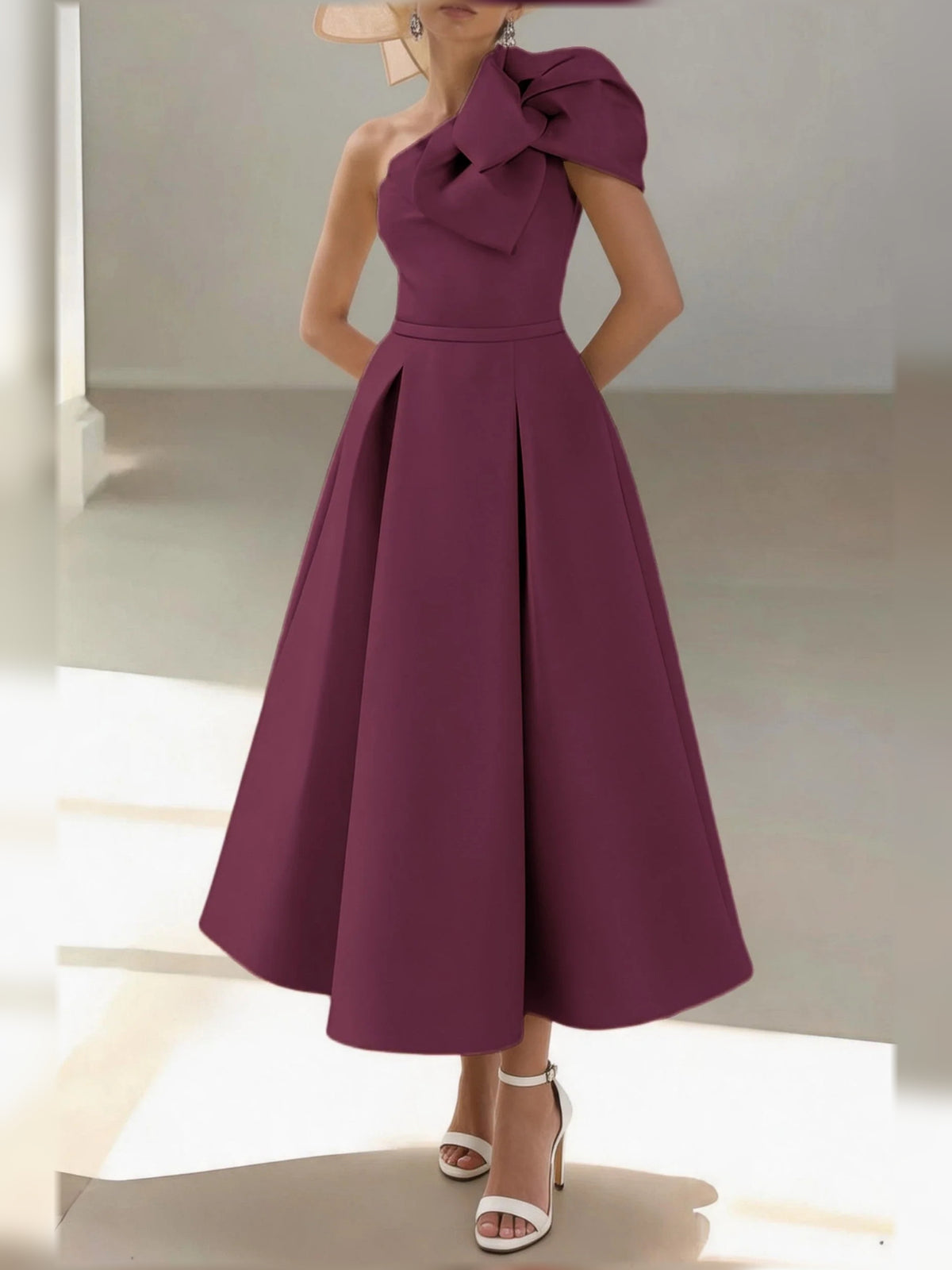 Wine midi mother of the bride dress, alternate view showing the full-length silhouette