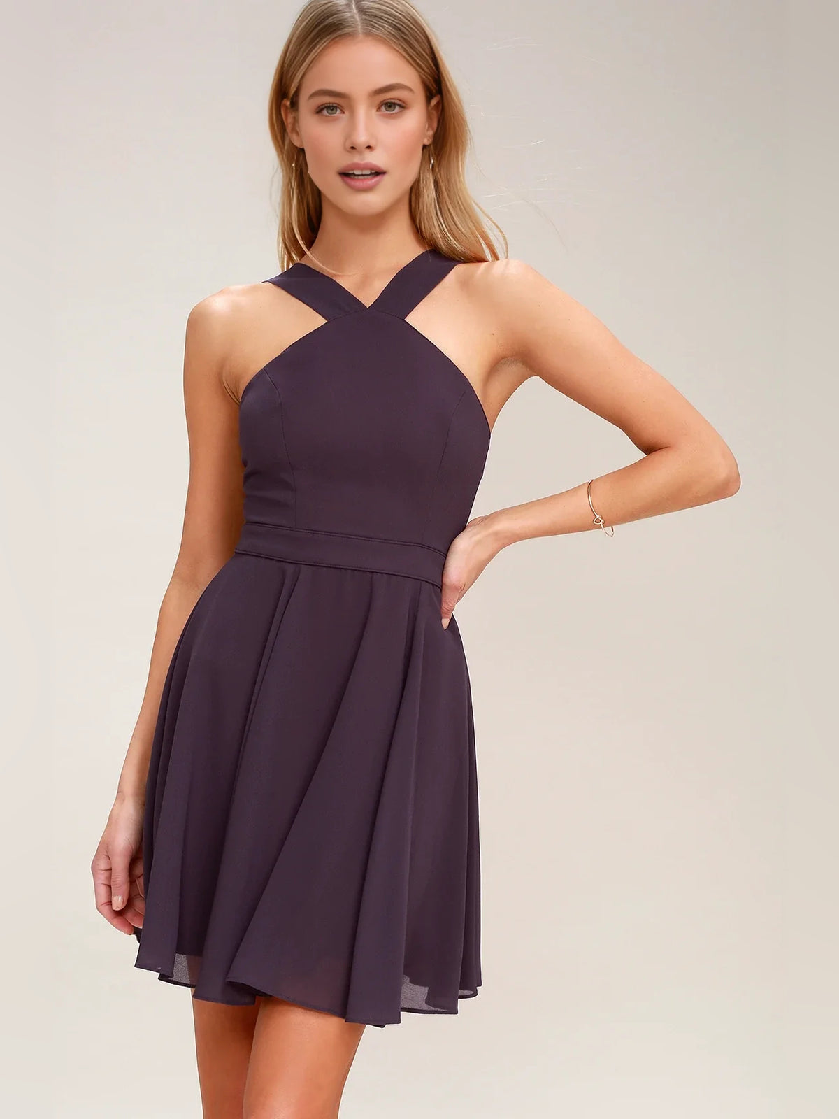 Deep Purple mini homecoming dress, alternate view showing the full-length silhouette from another angle