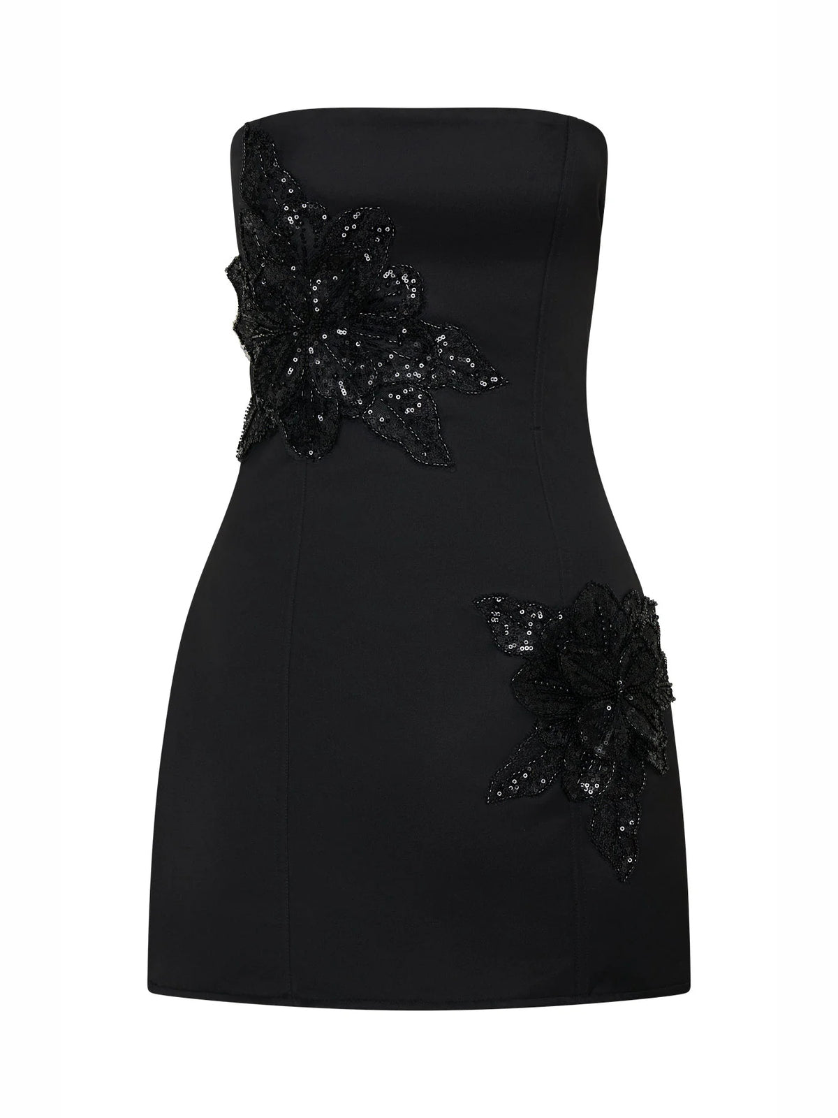 Black mini homecoming dress, alternate view showing the full-length silhouette