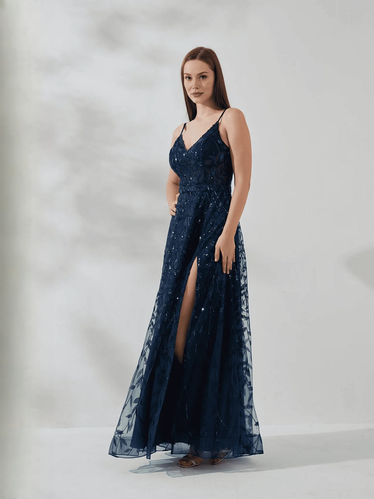 Navy Blue floor-length prom dress, alternate view showing the full-length silhouette