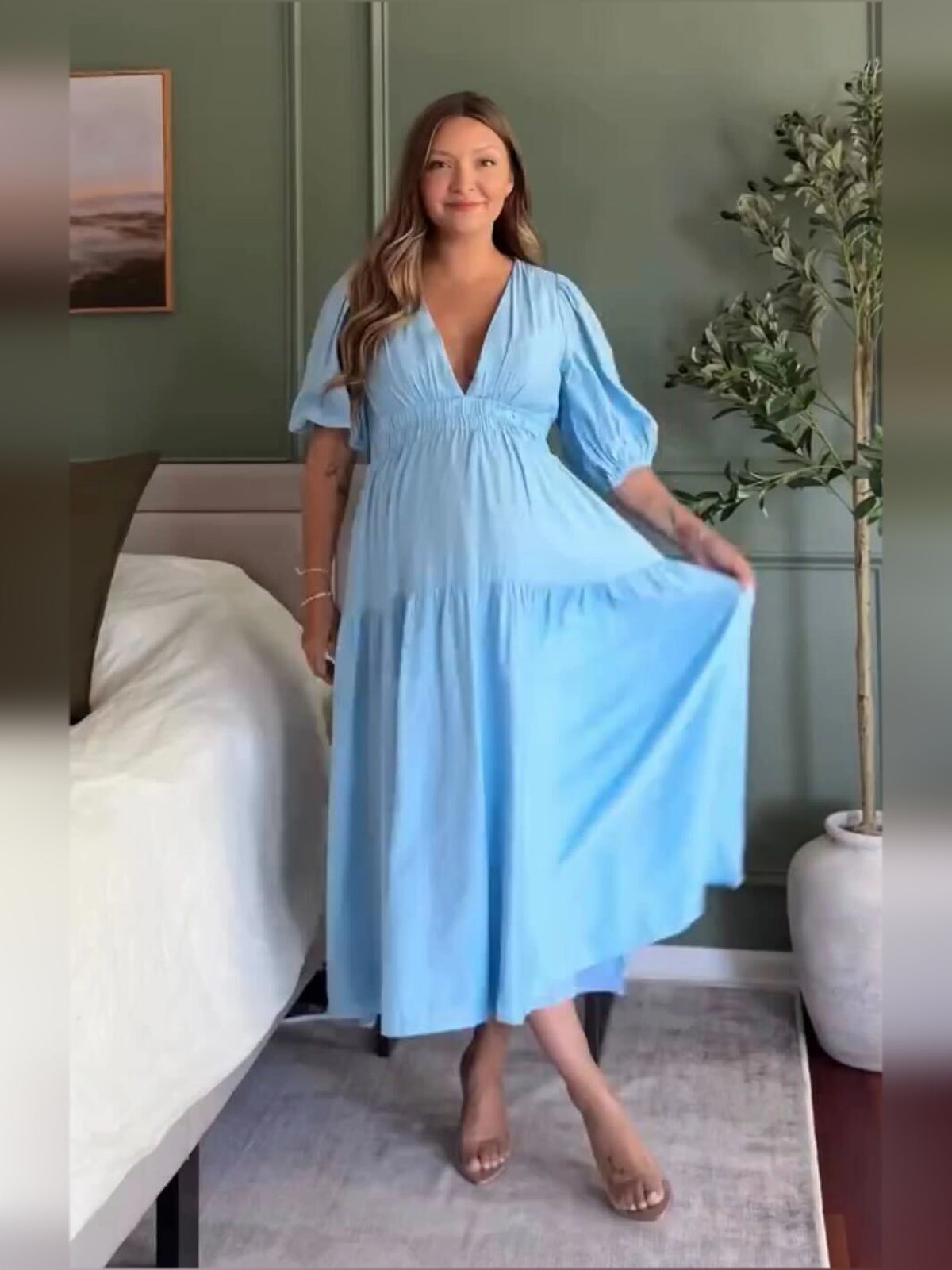 Blue midi formal dress, alternate view showing the shoulder line