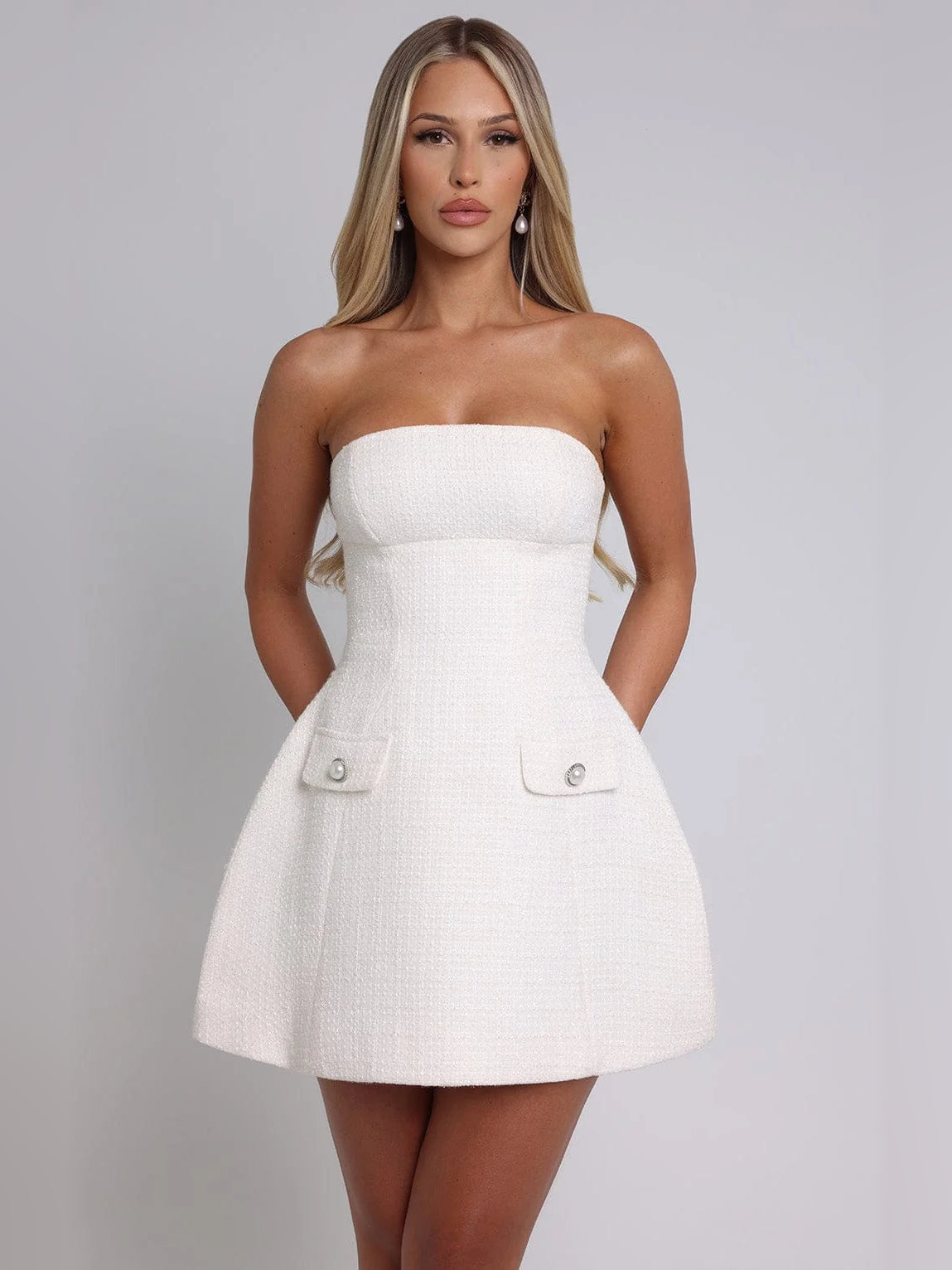 Ivory mini homecoming dress, alternate view showing the full-length silhouette