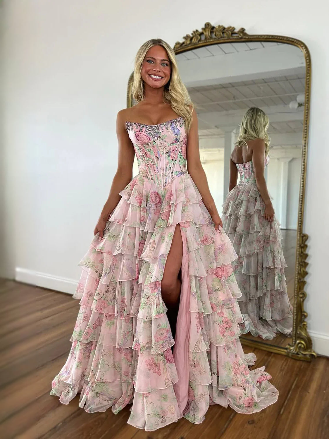 Light Pink maxi prom dress, alternate view showing the full-length silhouette