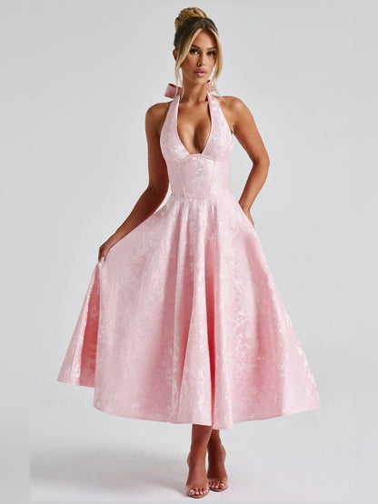 Blush midi formal dress, alternate view showing the shoulder line