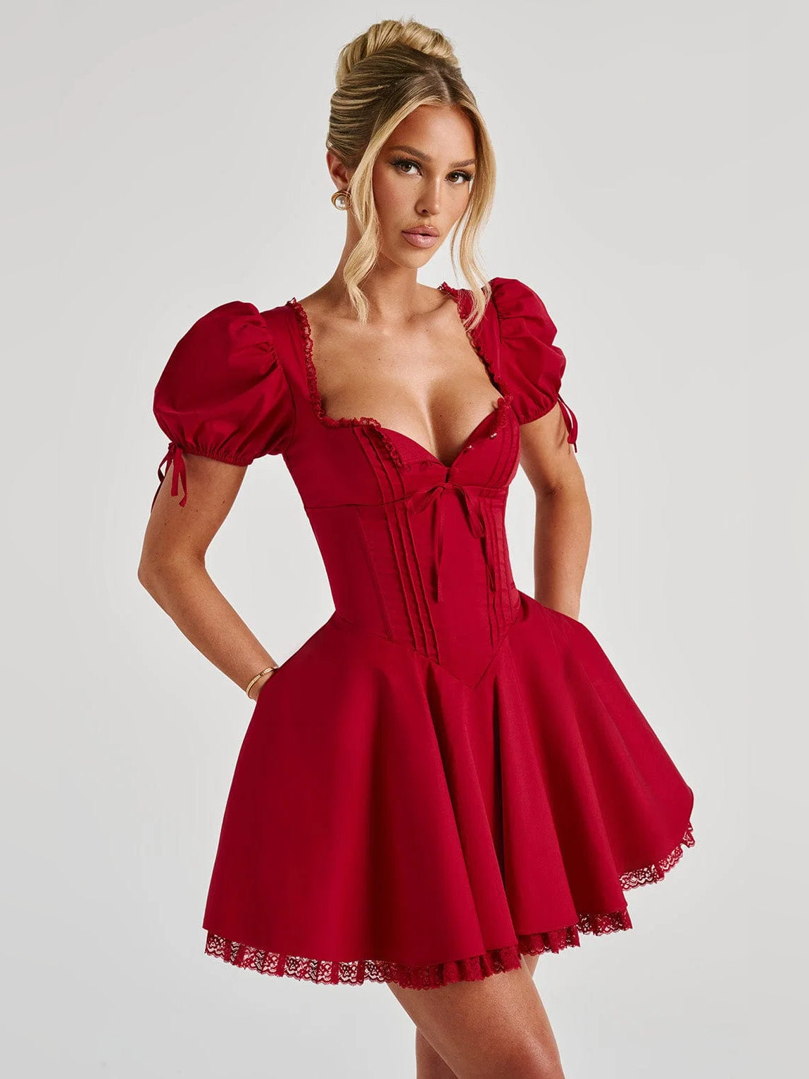 Red mini homecoming dress, alternate view showing the full-length silhouette