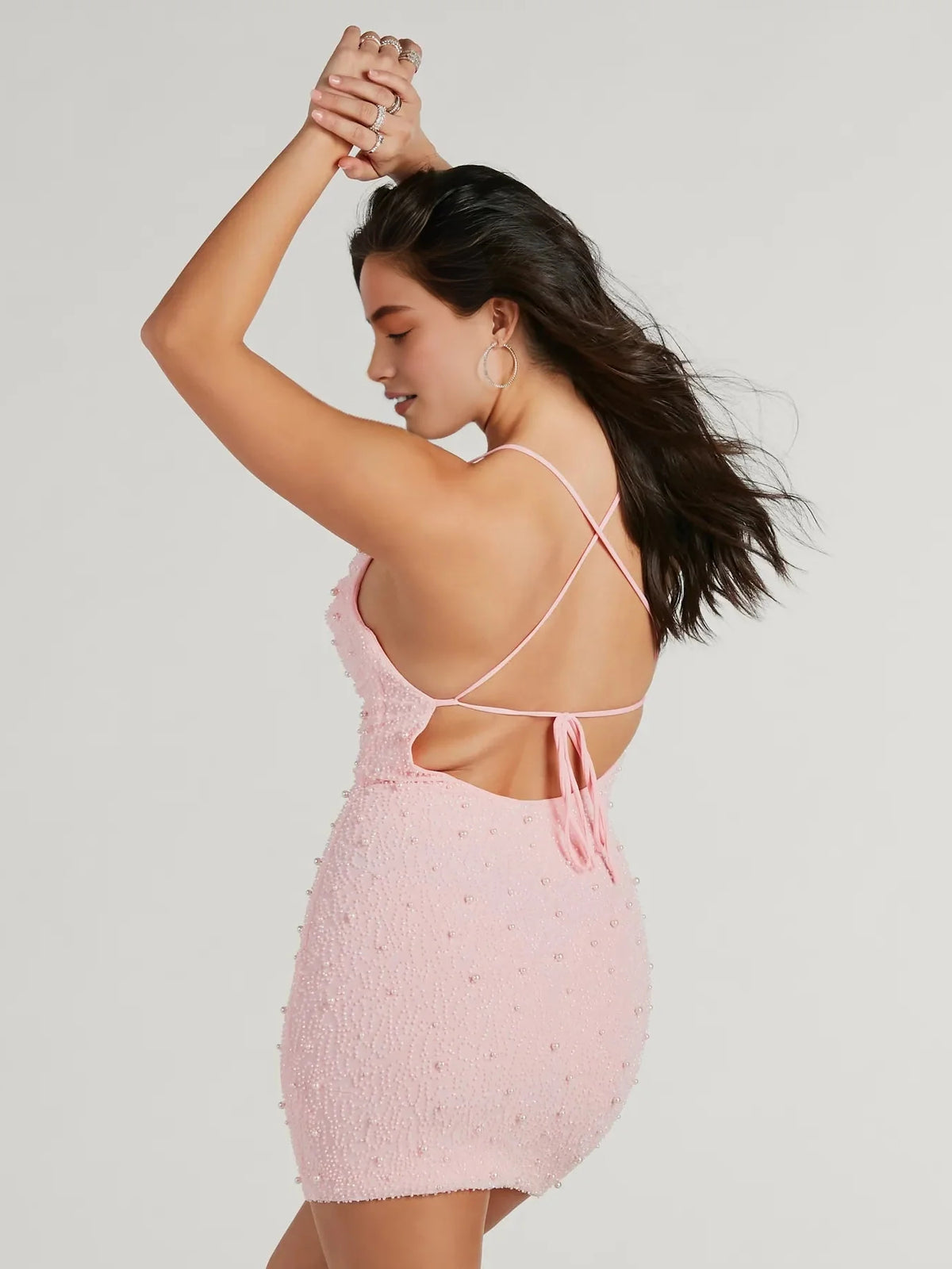 Mint Green mini homecoming dress, alternate view showing the full-length silhouette from another angle