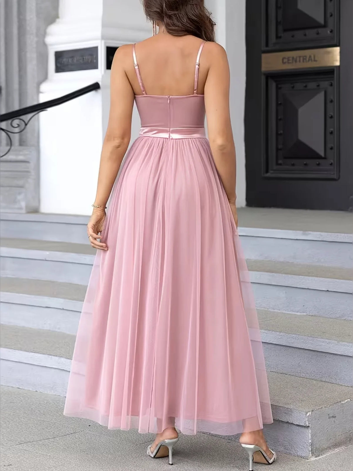 Light Pink maxi prom dress, alternate view showing the full-length silhouette