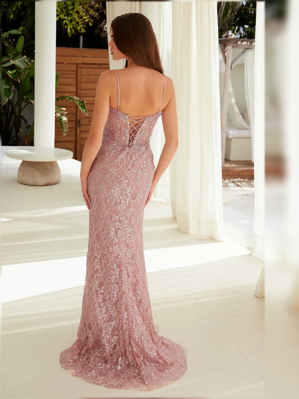 Wisteria mermaid floor-length formal dress with tiered skirt, alternate view showing the shoulder line