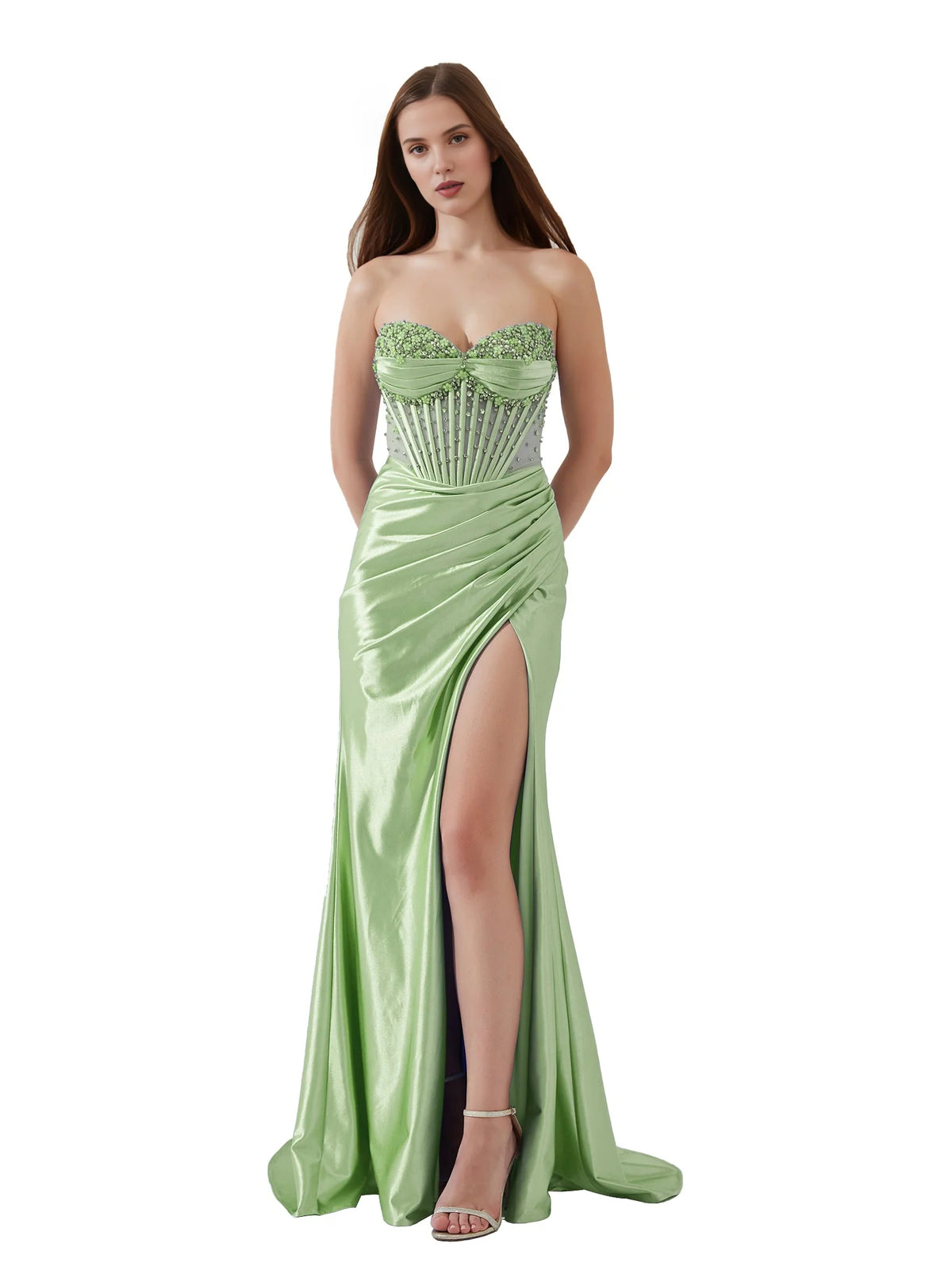 Mint Green mermaid floor-length formal dress with skirt slit, alternate view