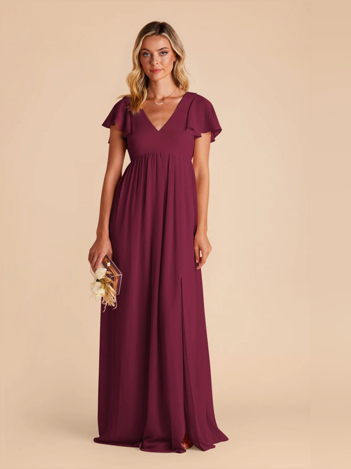 Raspberry maxi bridesmaid dress, alternate view showing the full-length silhouette
