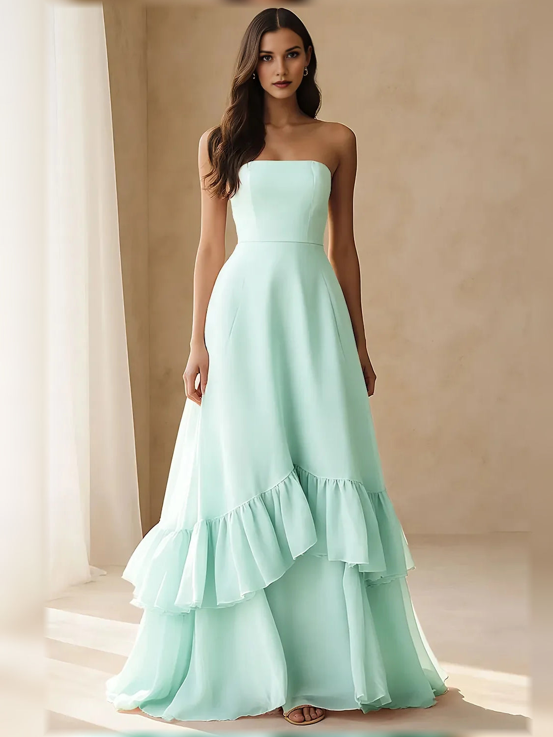 Mint Green a-line floor-length formal dress with tiered skirt, alternate view