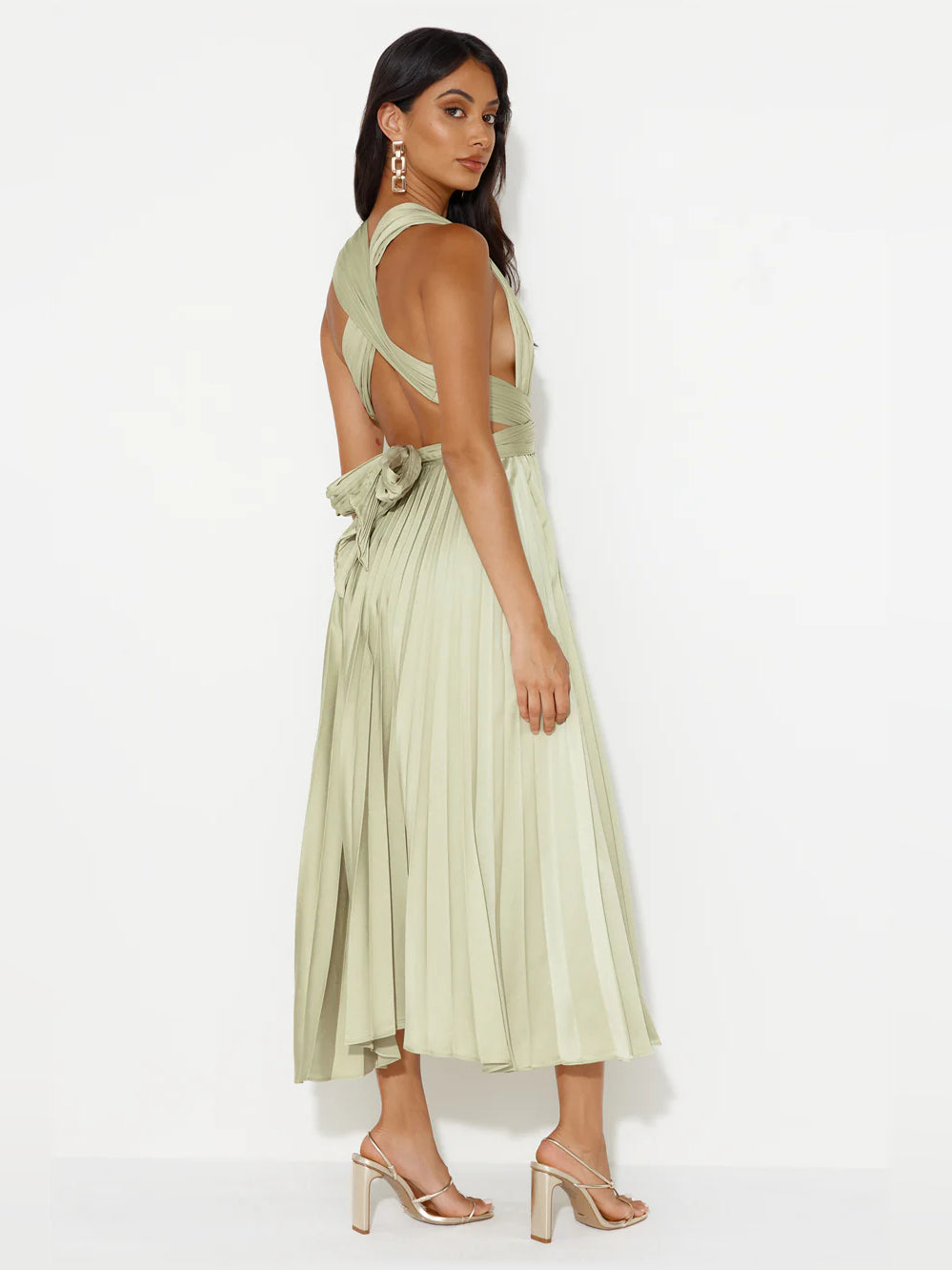 Lime midi formal dress, alternate view showing the shoulder line