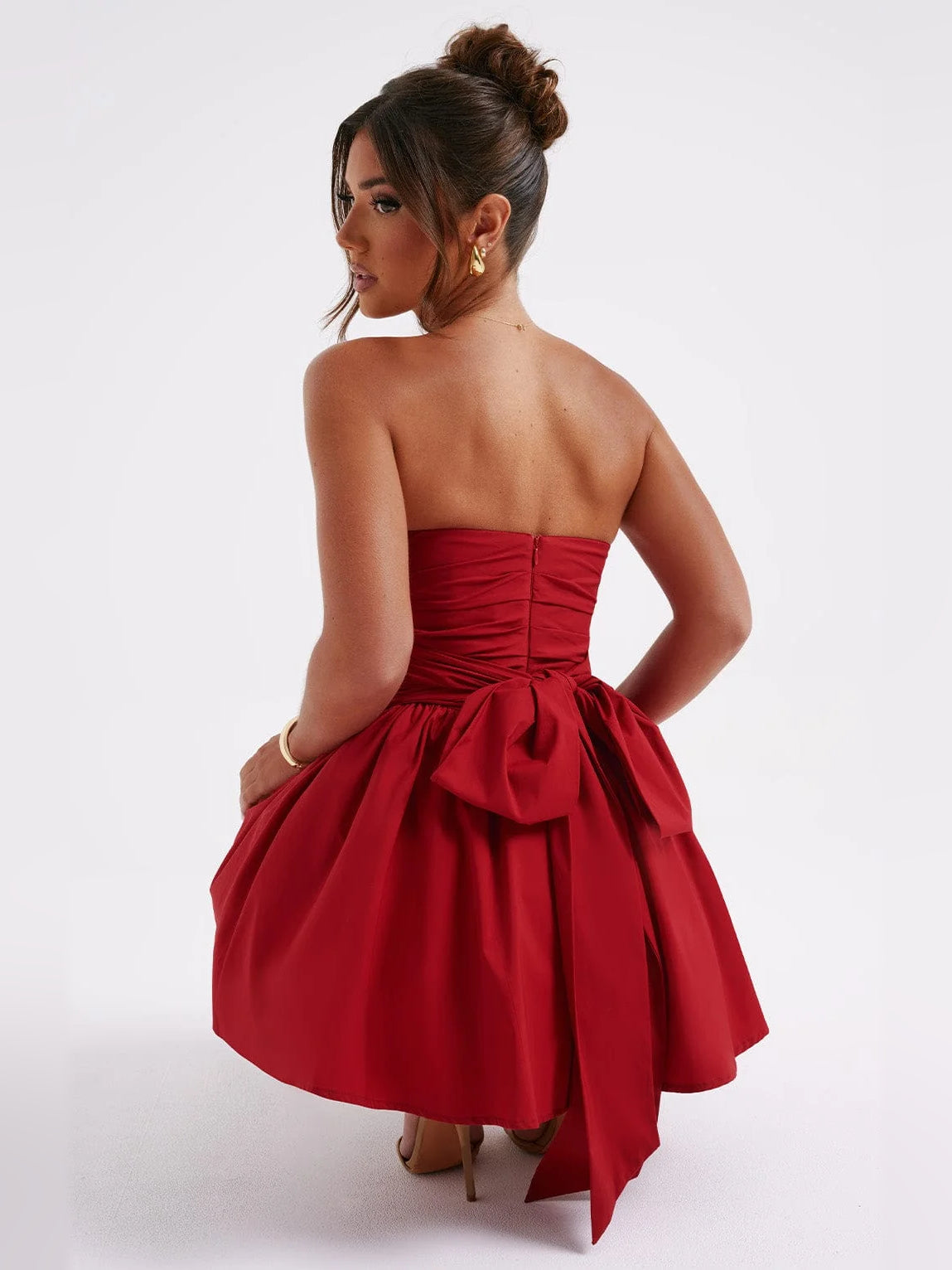 Red mini homecoming dress, alternate view showing the full-length silhouette
