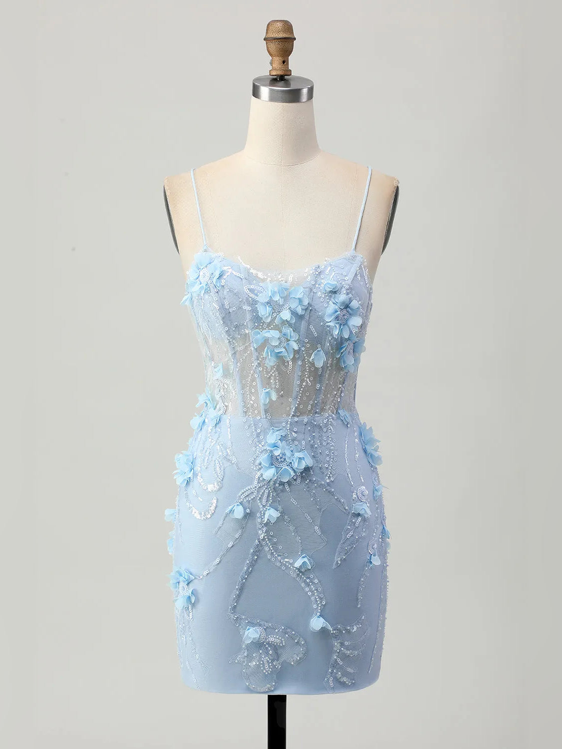 Sky Blue mini homecoming dress, alternate view showing the full-length silhouette from another angle