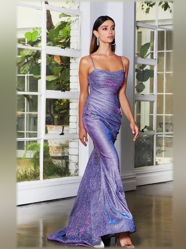 Purple mermaid floor-length formal dress with ruching, alternate view